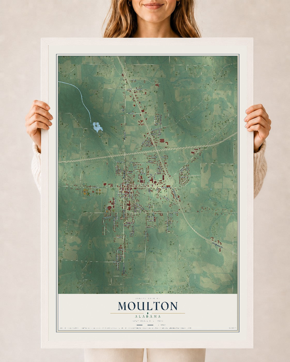Map of Moulton, Alabama, 24 x 36 inch print in a white wood frame