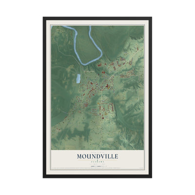 Map of Moundville, Alabama, 12 x 18 inch print in a black wood frame