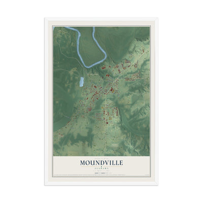 Map of Moundville, Alabama, 12 x 18 inch print in a white wood frame