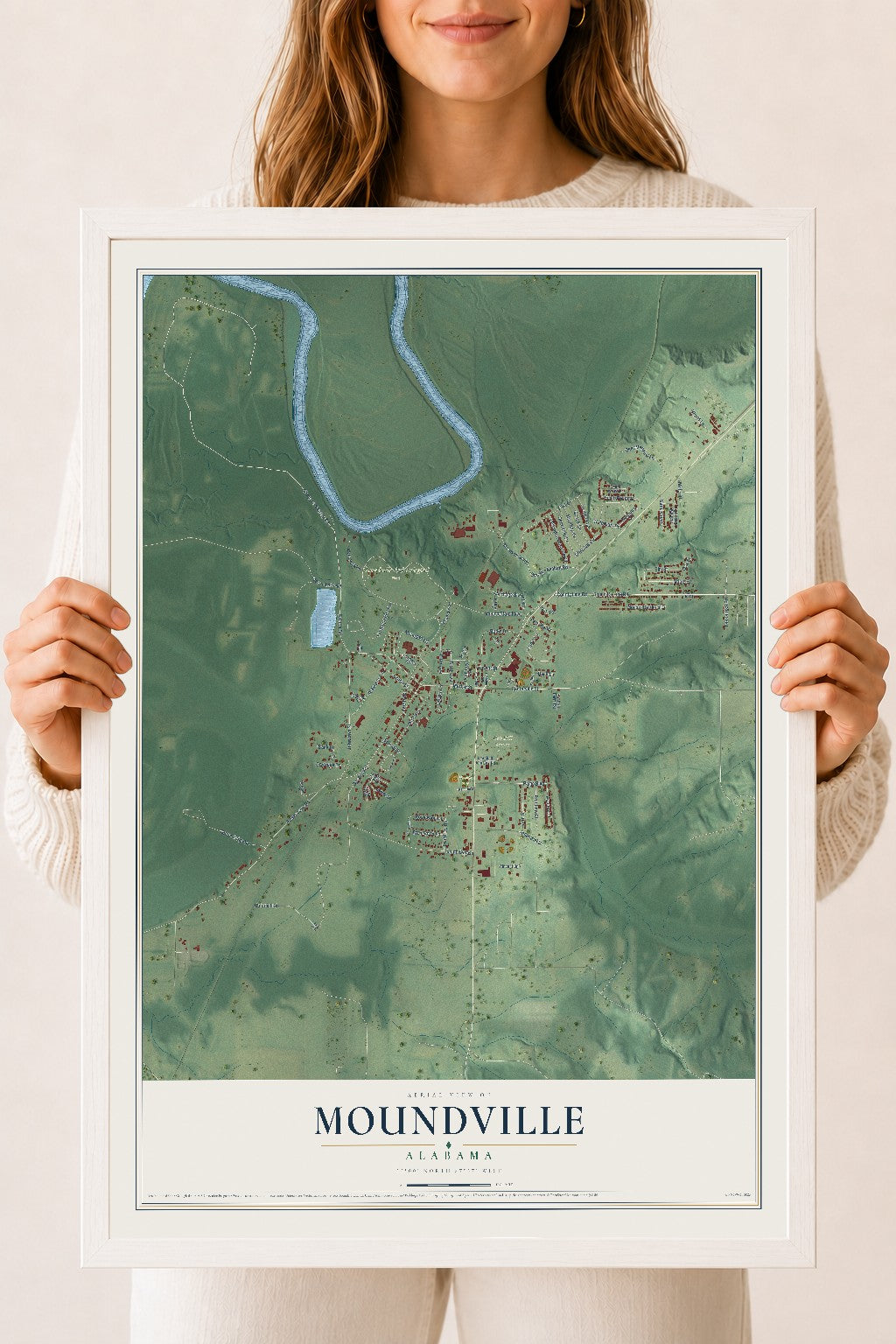 Map of Moundville, Alabama, 18 x 24 inch print in a white wood frame