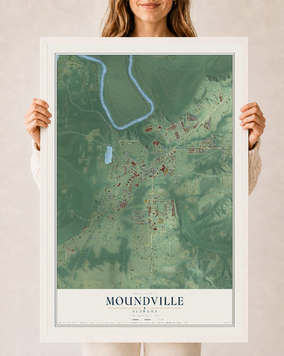 Map of Moundville, Alabama, 24 x 36 inch print in a white wood frame