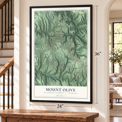 Mount Olive, Jefferson County, Alabama map, 24 x 36 inch print in a black frame by a staircase