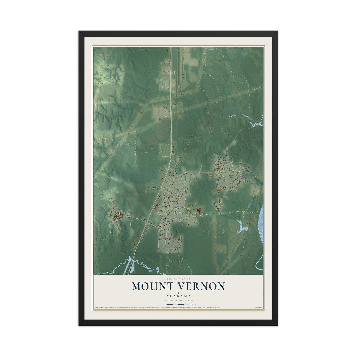 Map of Mount Vernon, Alabama, 12 x 18 inch print in a black wood frame