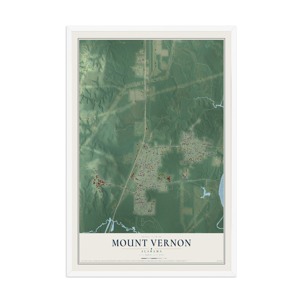 Map of Mount Vernon, Alabama, 12 x 18 inch print in a white wood frame