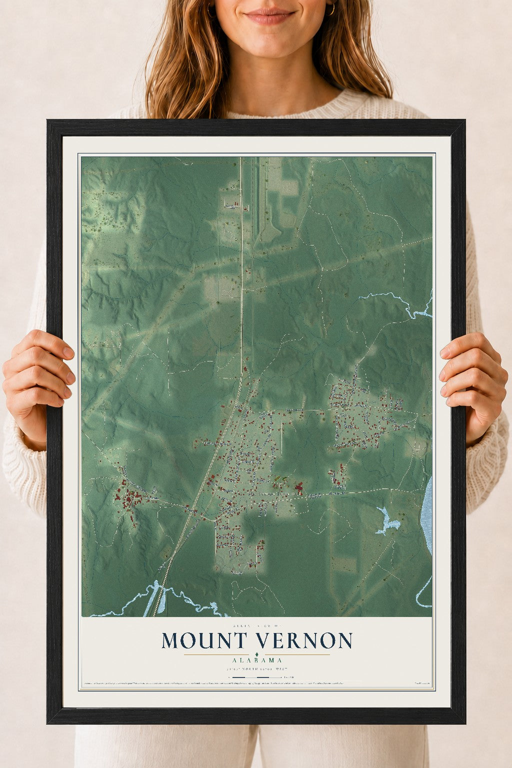 Map of Mount Vernon, Alabama, 18 x 24 inch print in a black wood frame