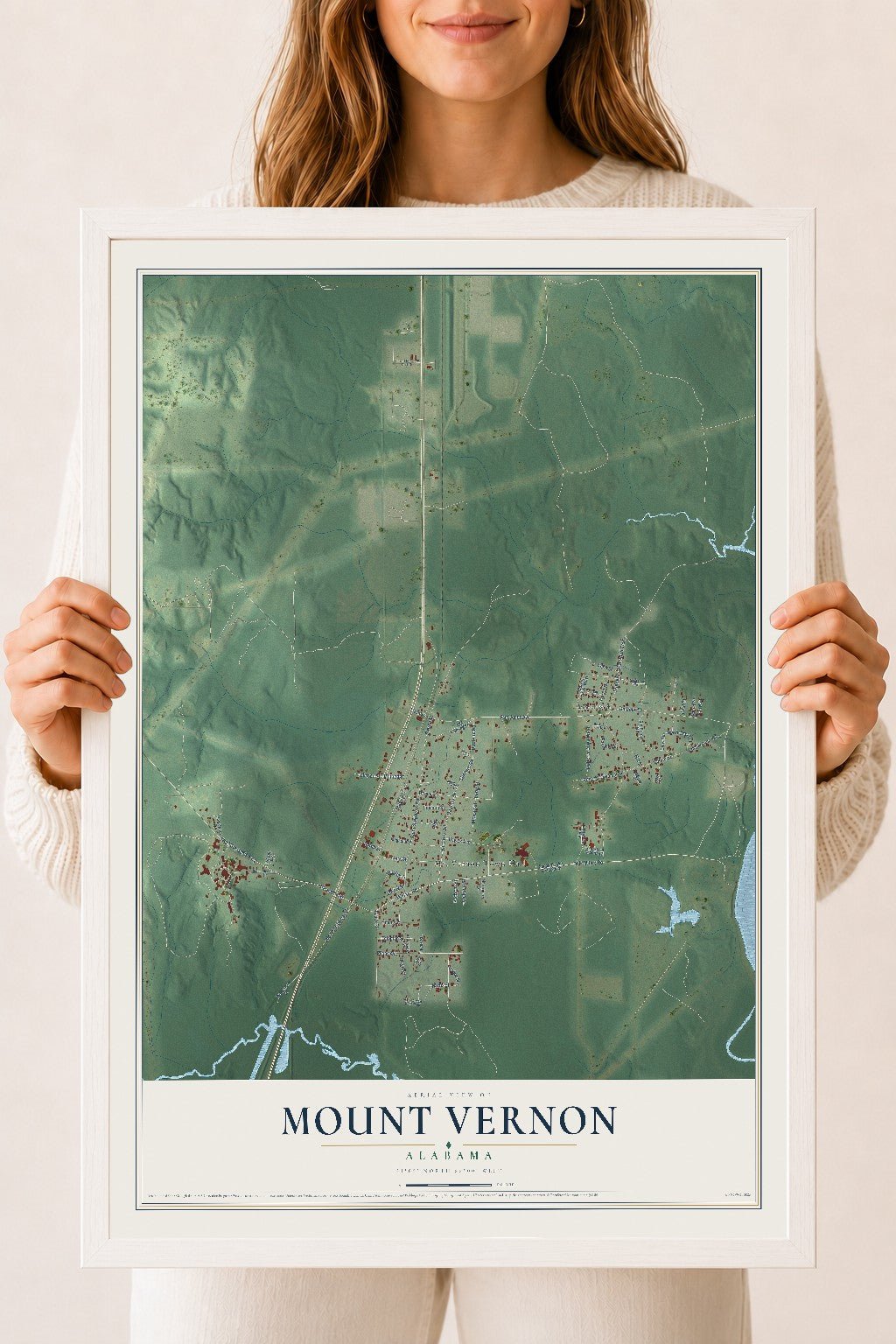 Map of Mount Vernon, Alabama, 18 x 24 inch print in a white wood frame