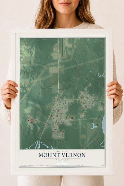 Map of Mount Vernon, Alabama, 18 x 24 inch print in a white wood frame