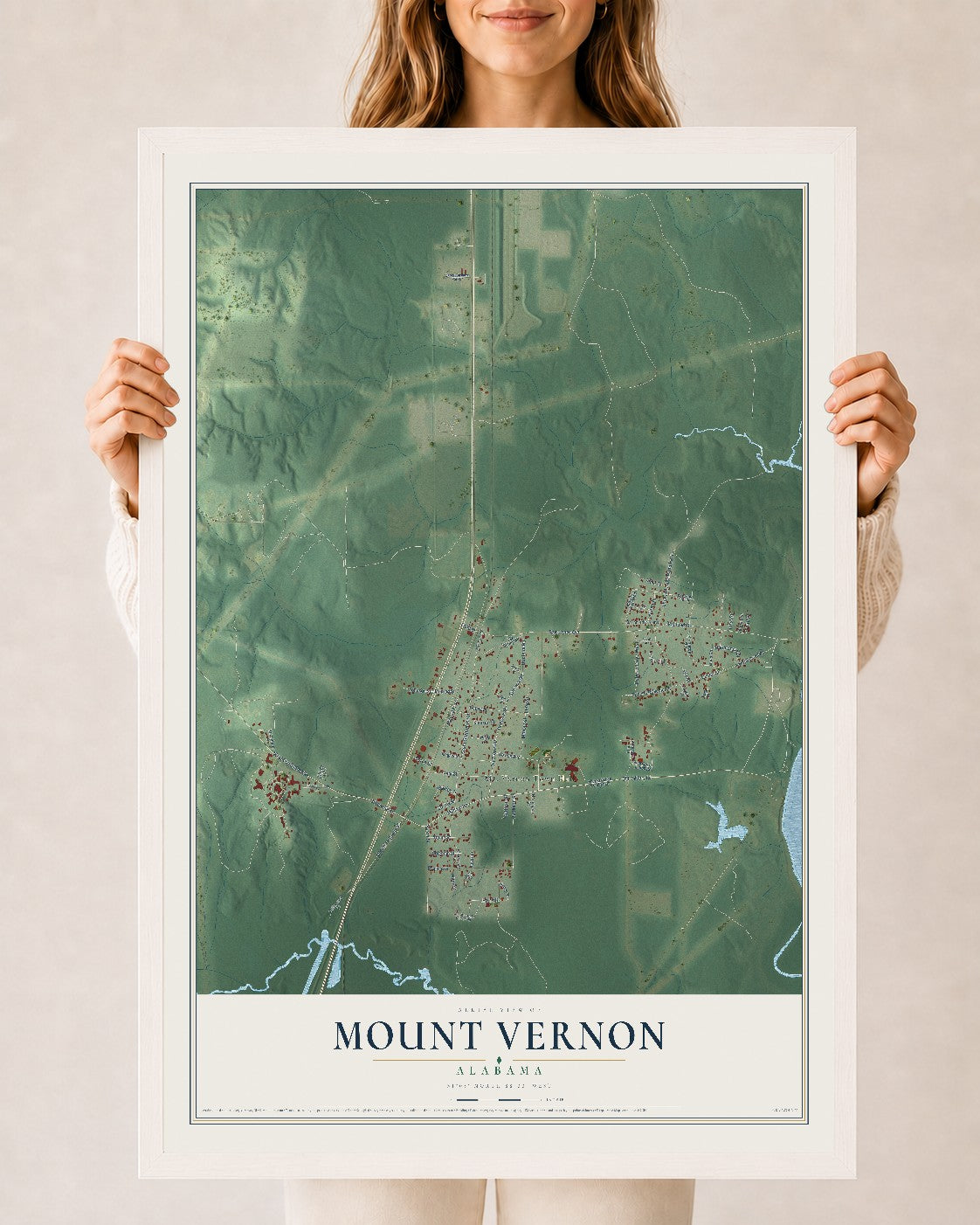 Map of Mount Vernon, Alabama, 24 x 36 inch print in a white wood frame