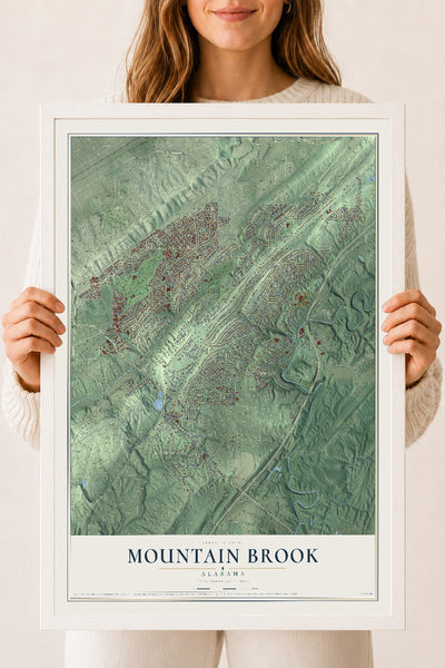 Map of Mountain Brook, Alabama, 18 x 24 inch print in a white wood frame