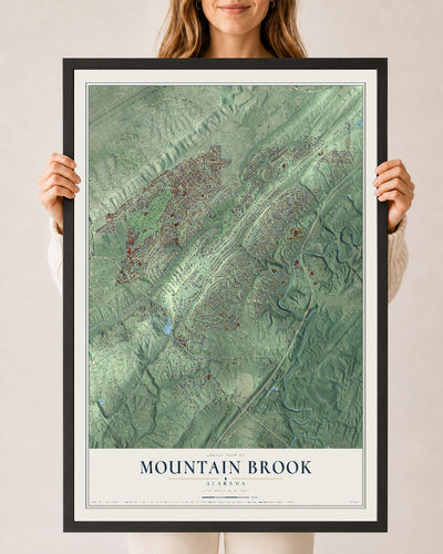 Map of Mountain Brook, Alabama, 24 x 36 inch print in a black wood frame
