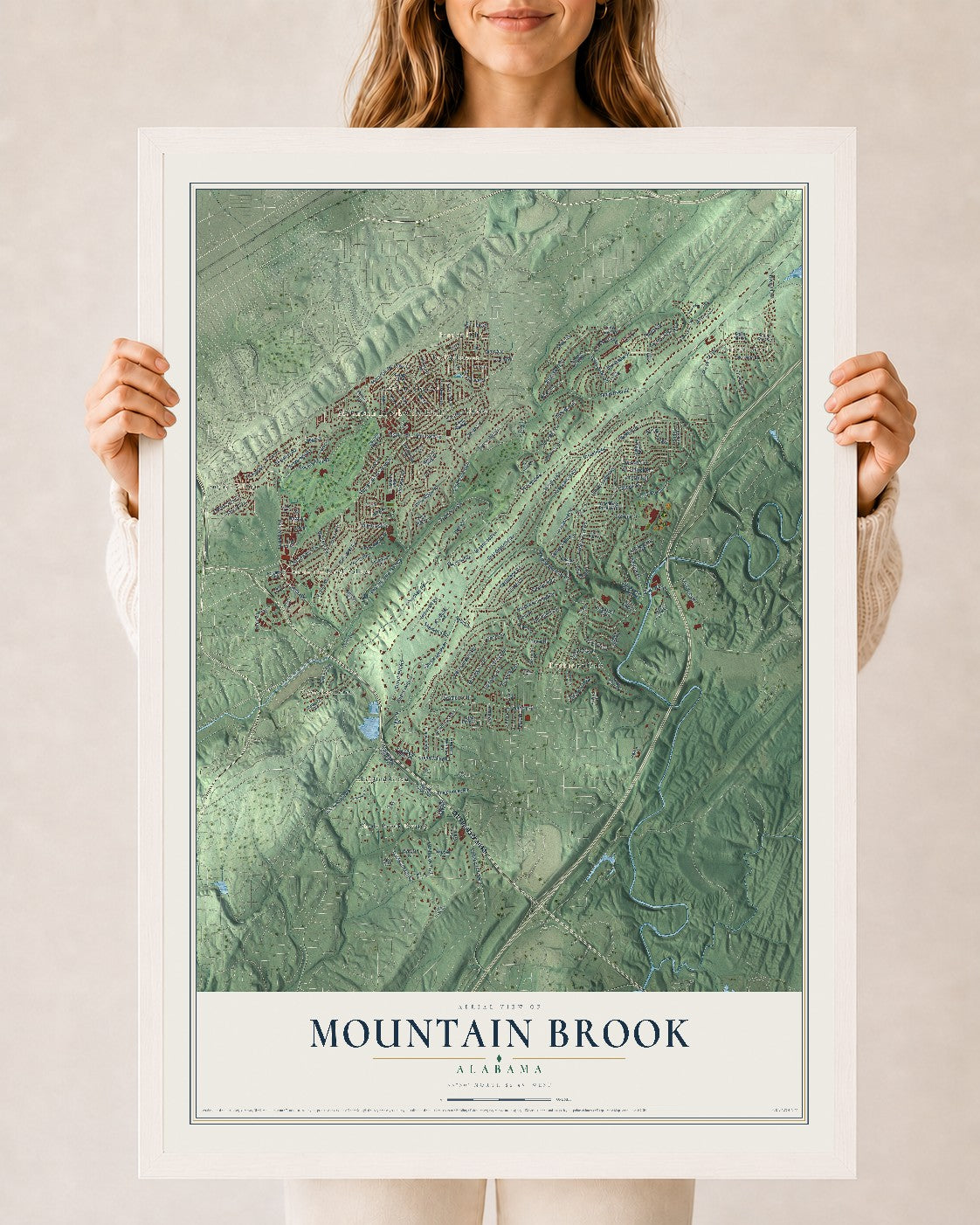 Map of Mountain Brook, Alabama, 24 x 36 inch print in a white wood frame