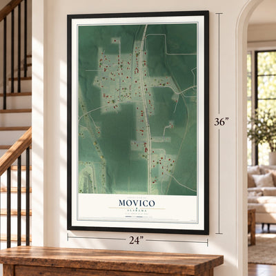 Movico, Alabama map, 24 x 36 inch print in a black frame by a staircase