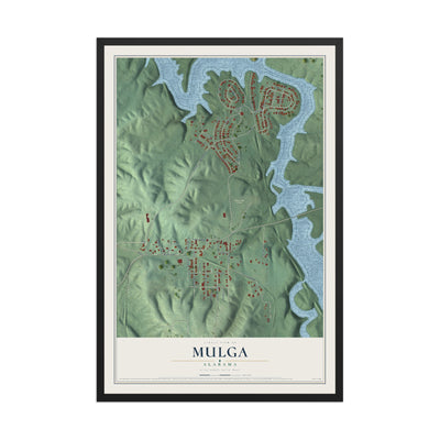 Map of Mulga, Alabama, 12 x 18 inch print in a black wood frame