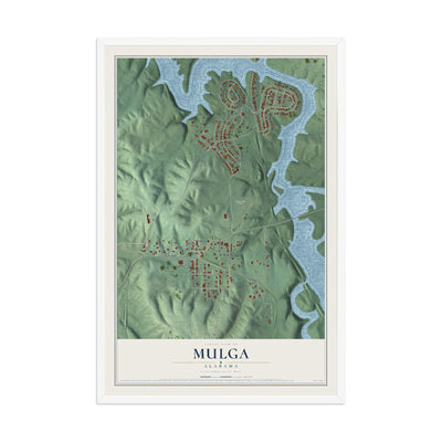 Map of Mulga, Alabama, 12 x 18 inch print in a white wood frame