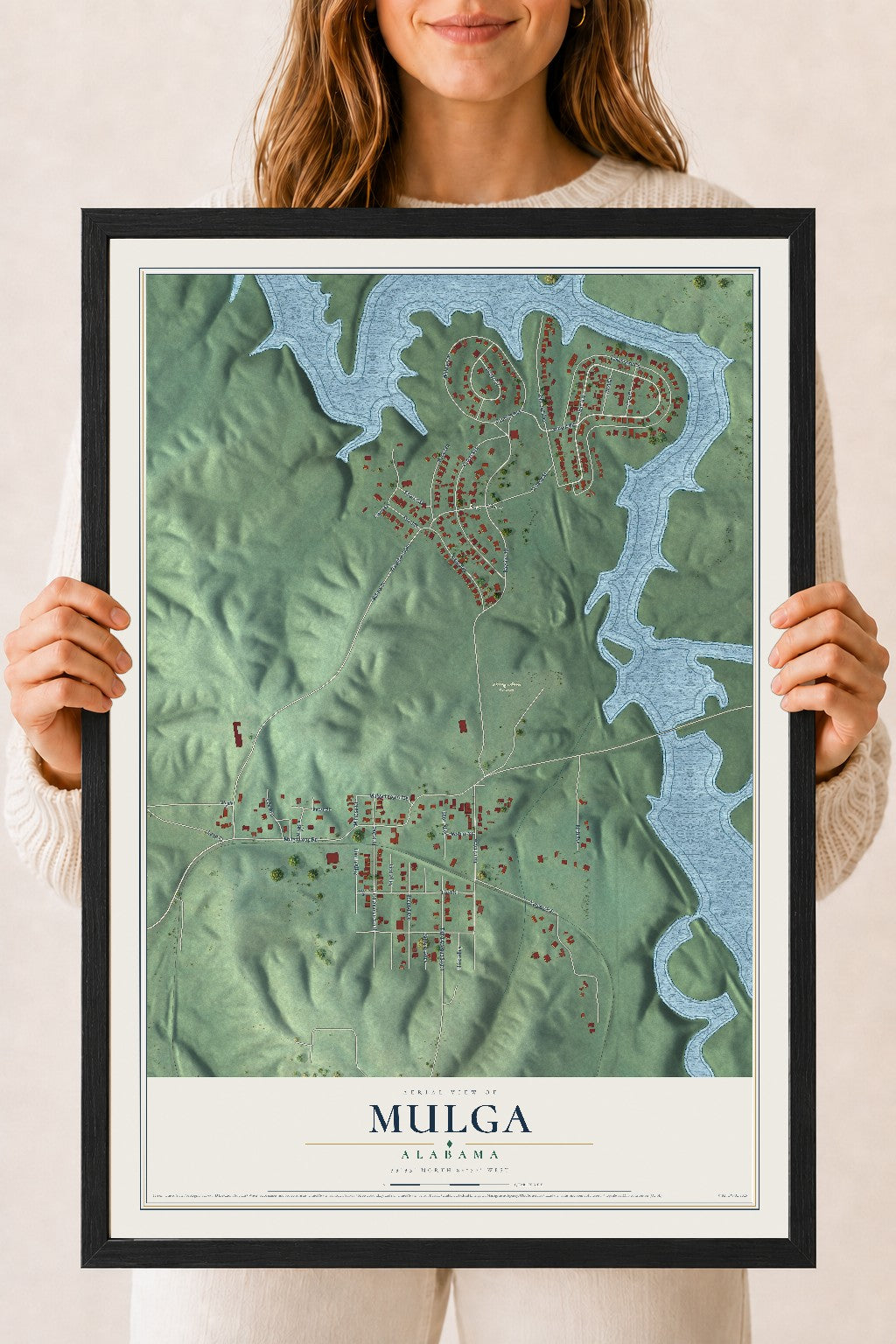 Map of Mulga, Alabama, 18 x 24 inch print in a black wood frame