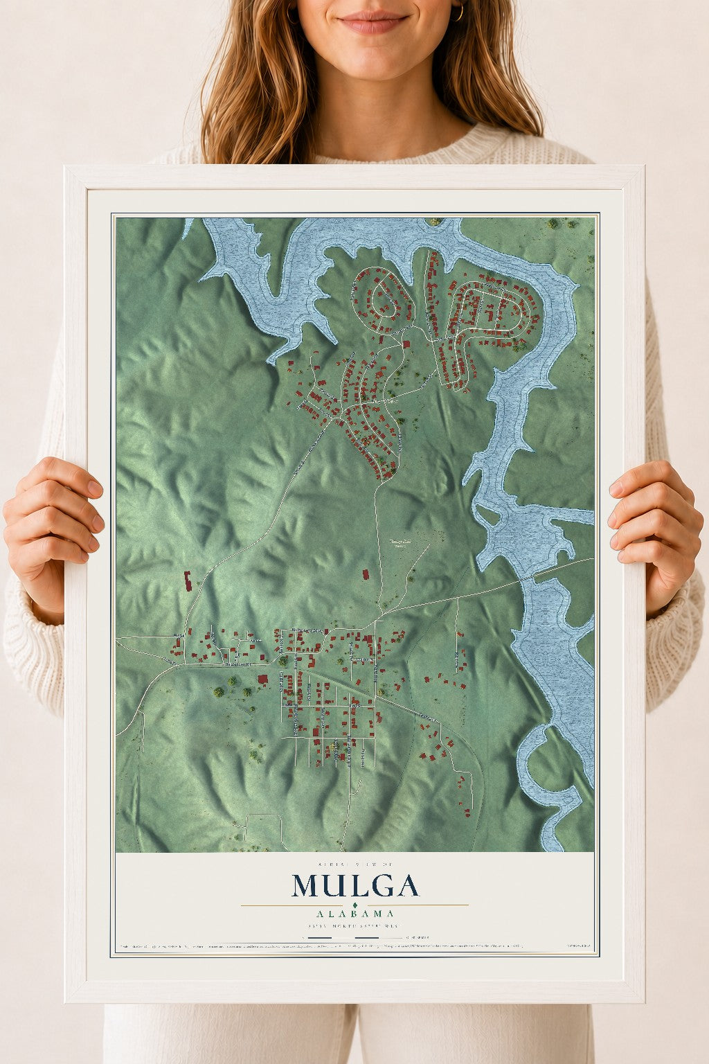 Map of Mulga, Alabama, 18 x 24 inch print in a white wood frame