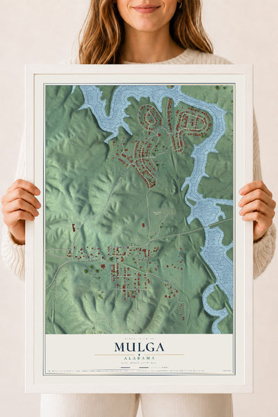 Map of Mulga, Alabama, 18 x 24 inch print in a white wood frame