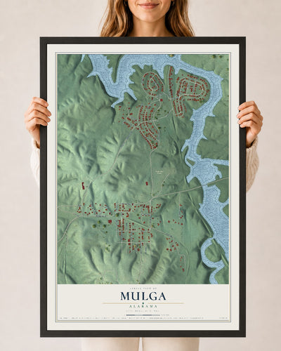 Map of Mulga, Alabama, 24 x 36 inch print in a black wood frame