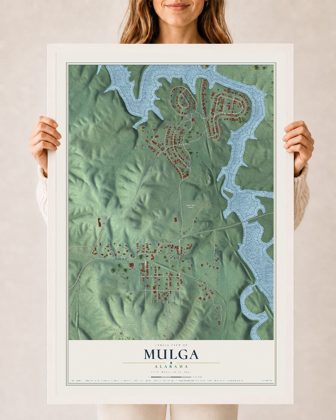 Map of Mulga, Alabama, 24 x 36 inch print in a white wood frame