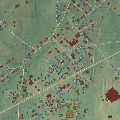 Close-up of the map of Munford, Alabama print showing street and building detail