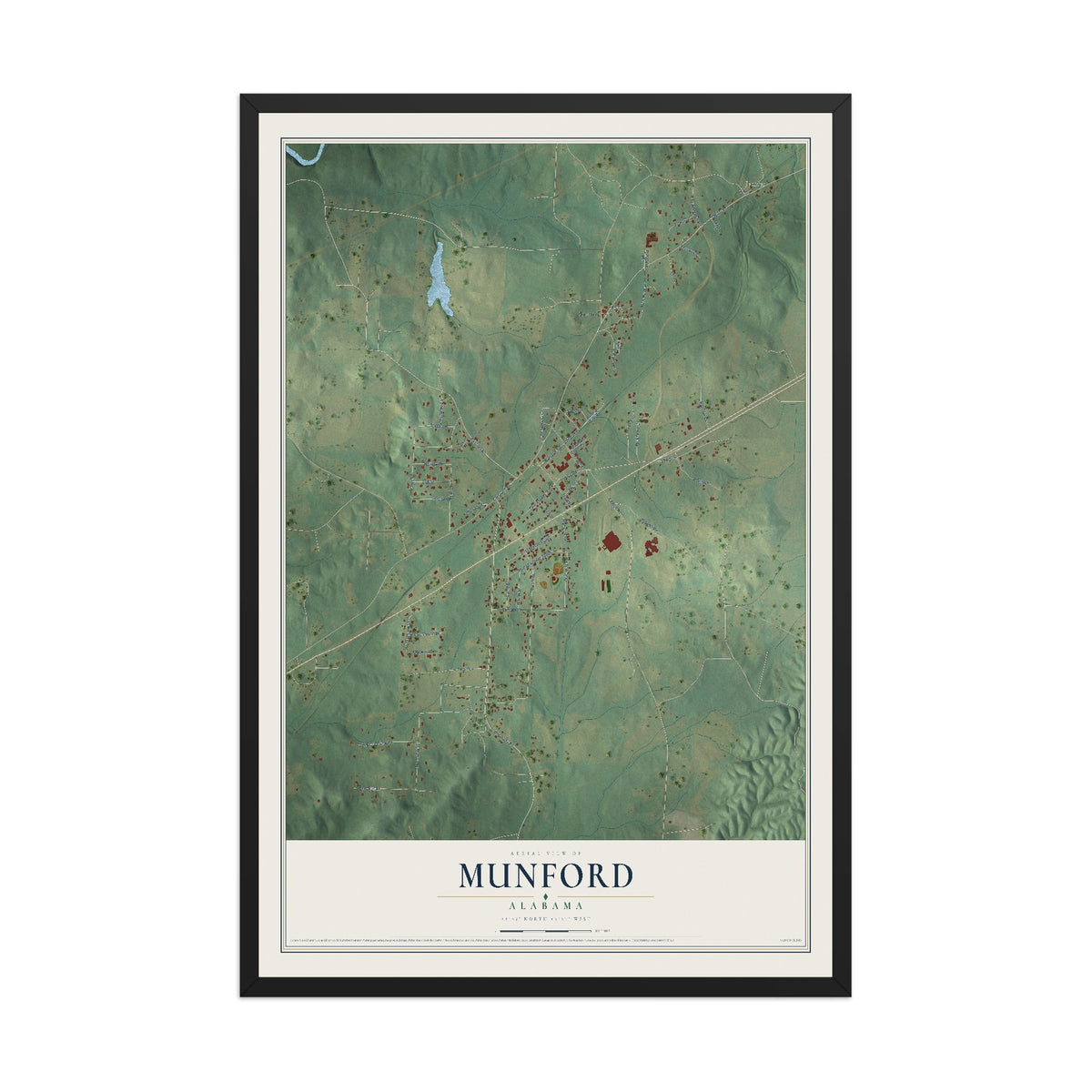 Map of Munford, Alabama, 12 x 18 inch print in a black wood frame