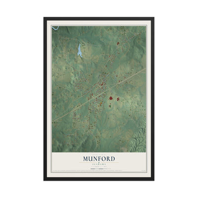 Map of Munford, Alabama, 12 x 18 inch print in a black wood frame