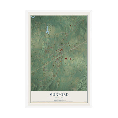 Map of Munford, Alabama, 12 x 18 inch print in a white wood frame