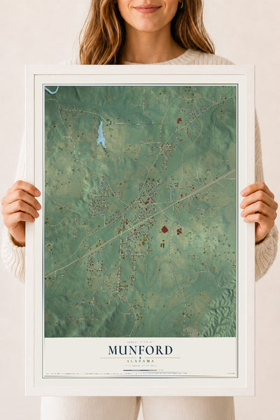 Map of Munford, Alabama, 18 x 24 inch print in a white wood frame