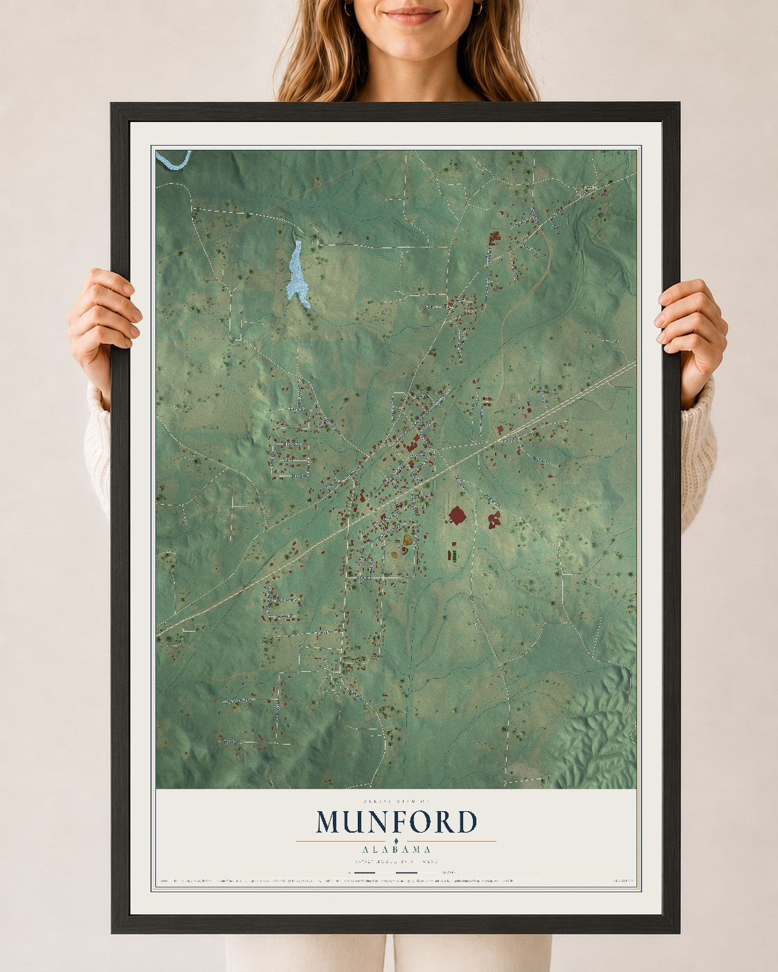 Map of Munford, Alabama, 24 x 36 inch print in a black wood frame