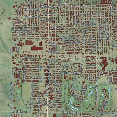 Close-up of the map of Muscle Shoals, Alabama print showing street and building detail