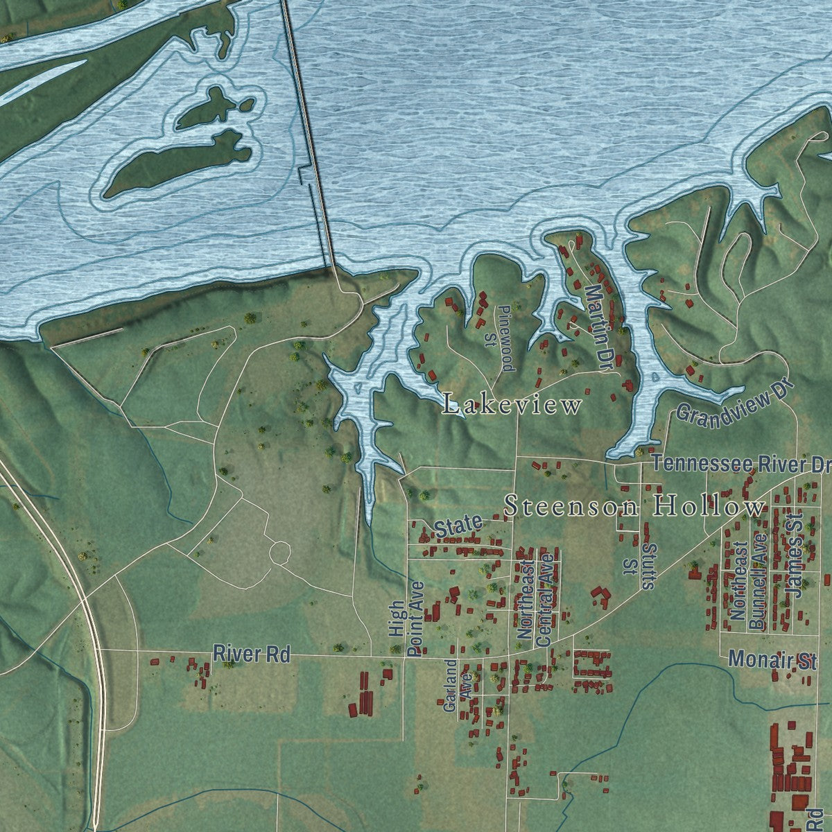 Second close-up of the map of Muscle Shoals, Alabama print showing more streets and buildings