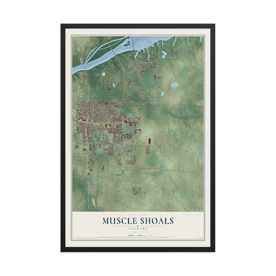 Map of Muscle Shoals, Alabama, 12 x 18 inch print in a black wood frame