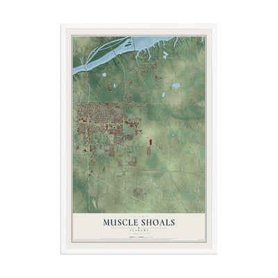 Map of Muscle Shoals, Alabama, 12 x 18 inch print in a white wood frame