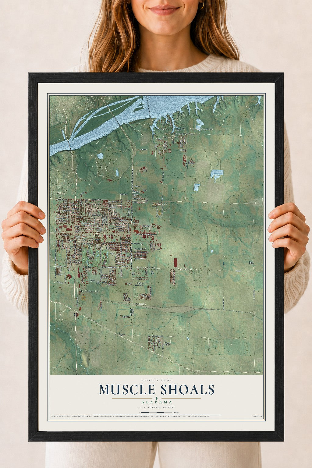 Map of Muscle Shoals, Alabama, 18 x 24 inch print in a black wood frame