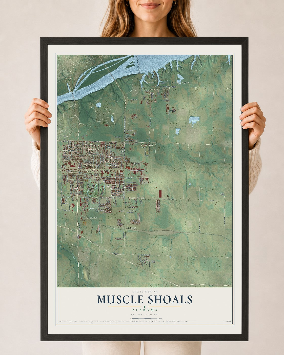 Map of Muscle Shoals, Alabama, 24 x 36 inch print in a black wood frame