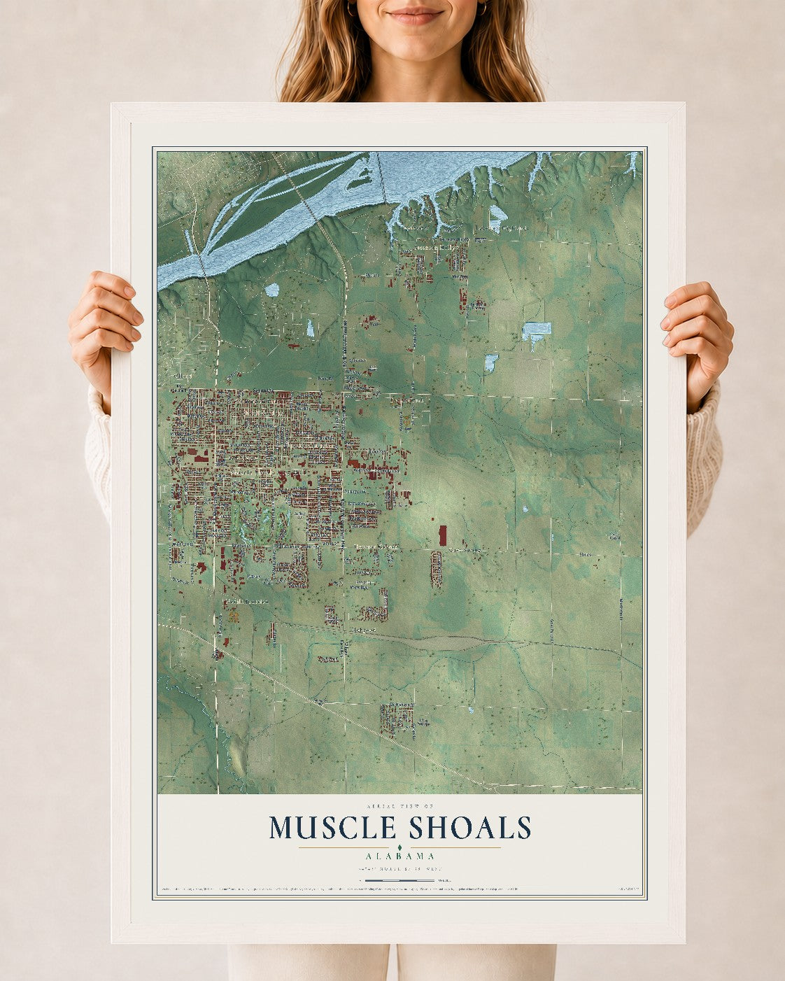 Map of Muscle Shoals, Alabama, 24 x 36 inch print in a white wood frame