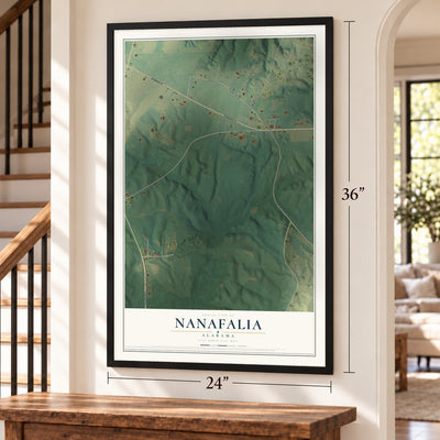 Nanafalia, Alabama map, 24 x 36 inch print in a black frame by a staircase