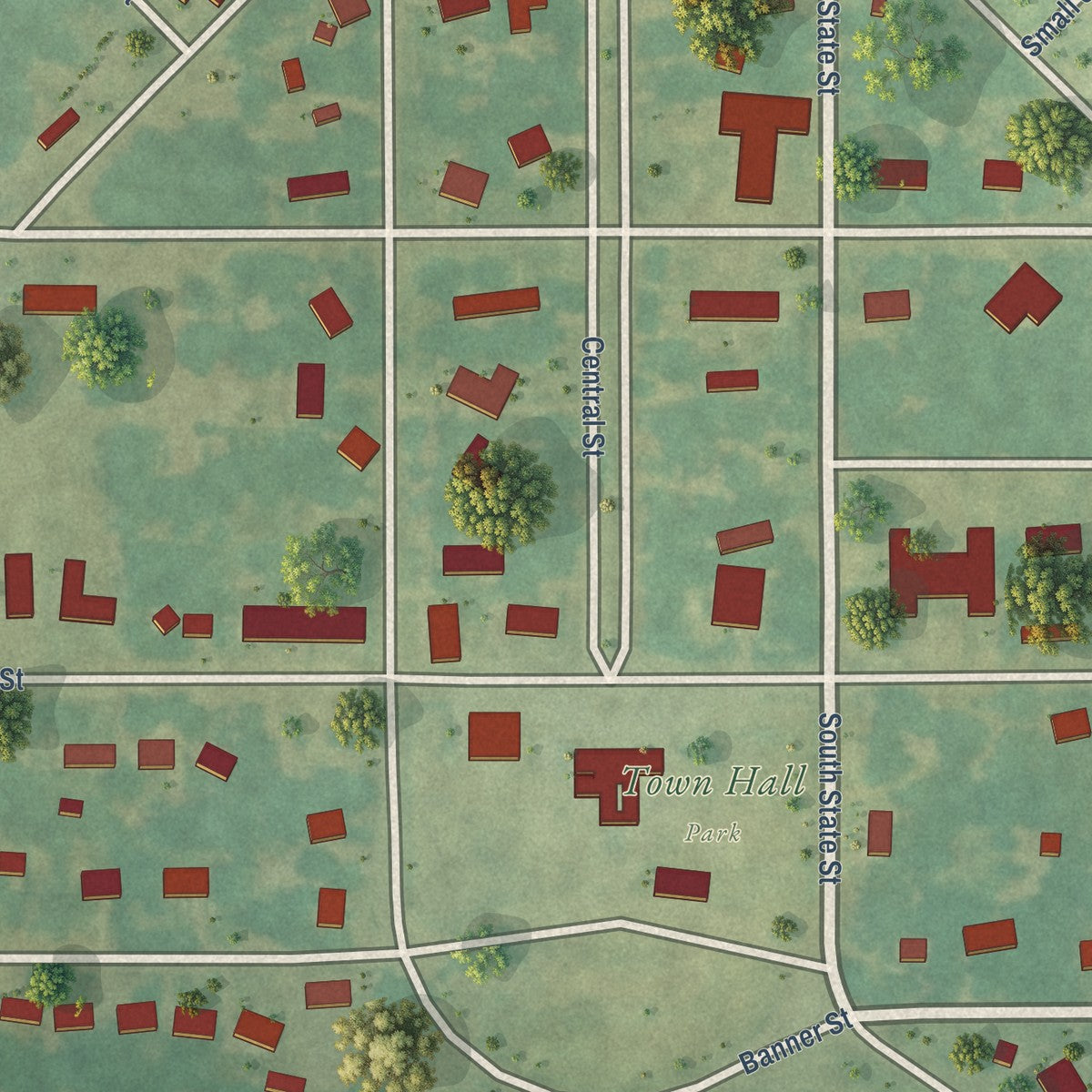 Close-up of the map of Napier Field, Alabama print showing street and building detail