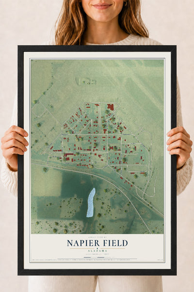 Map of Napier Field, Alabama, 18 x 24 inch print in a black wood frame