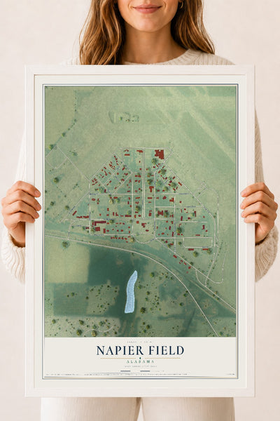Map of Napier Field, Alabama, 18 x 24 inch print in a white wood frame