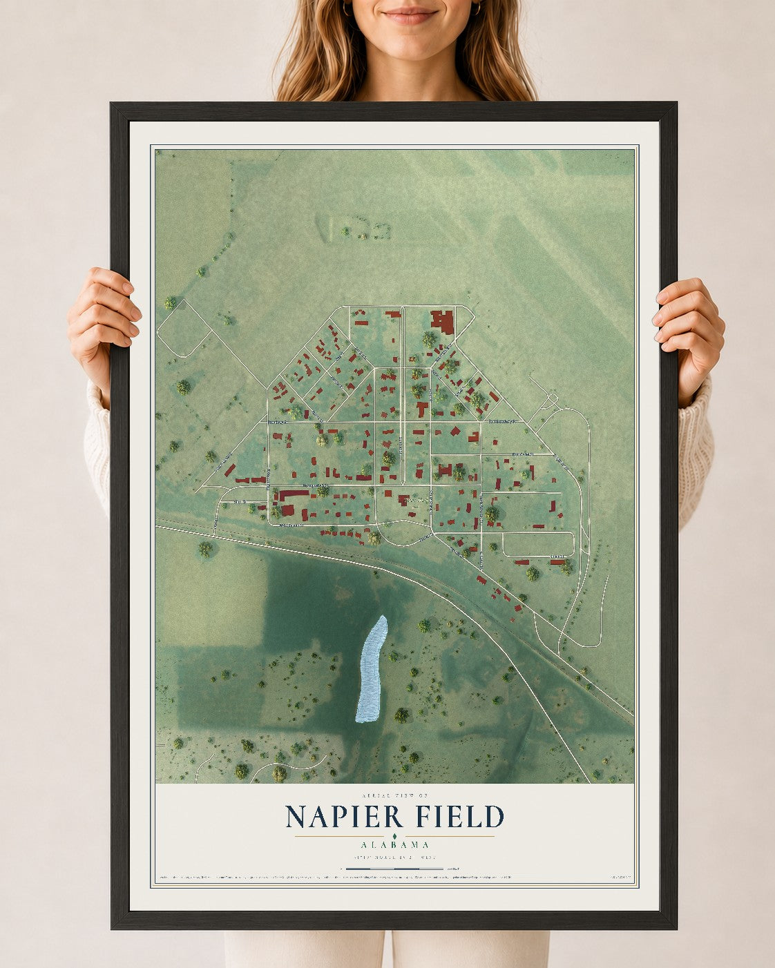 Map of Napier Field, Alabama, 24 x 36 inch print in a black wood frame
