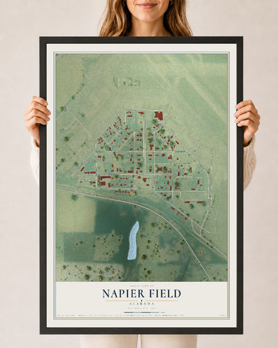 Map of Napier Field, Alabama, 24 x 36 inch print in a black wood frame