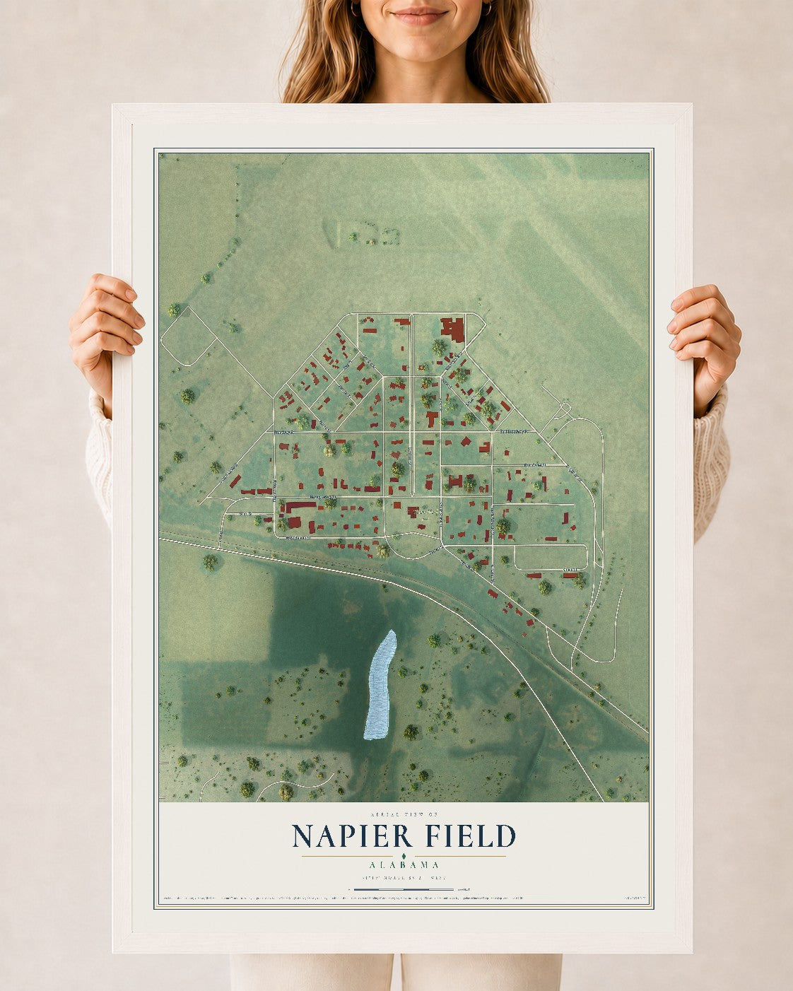 Map of Napier Field, Alabama, 24 x 36 inch print in a white wood frame