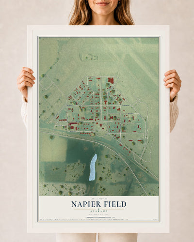 Map of Napier Field, Alabama, 24 x 36 inch print in a white wood frame