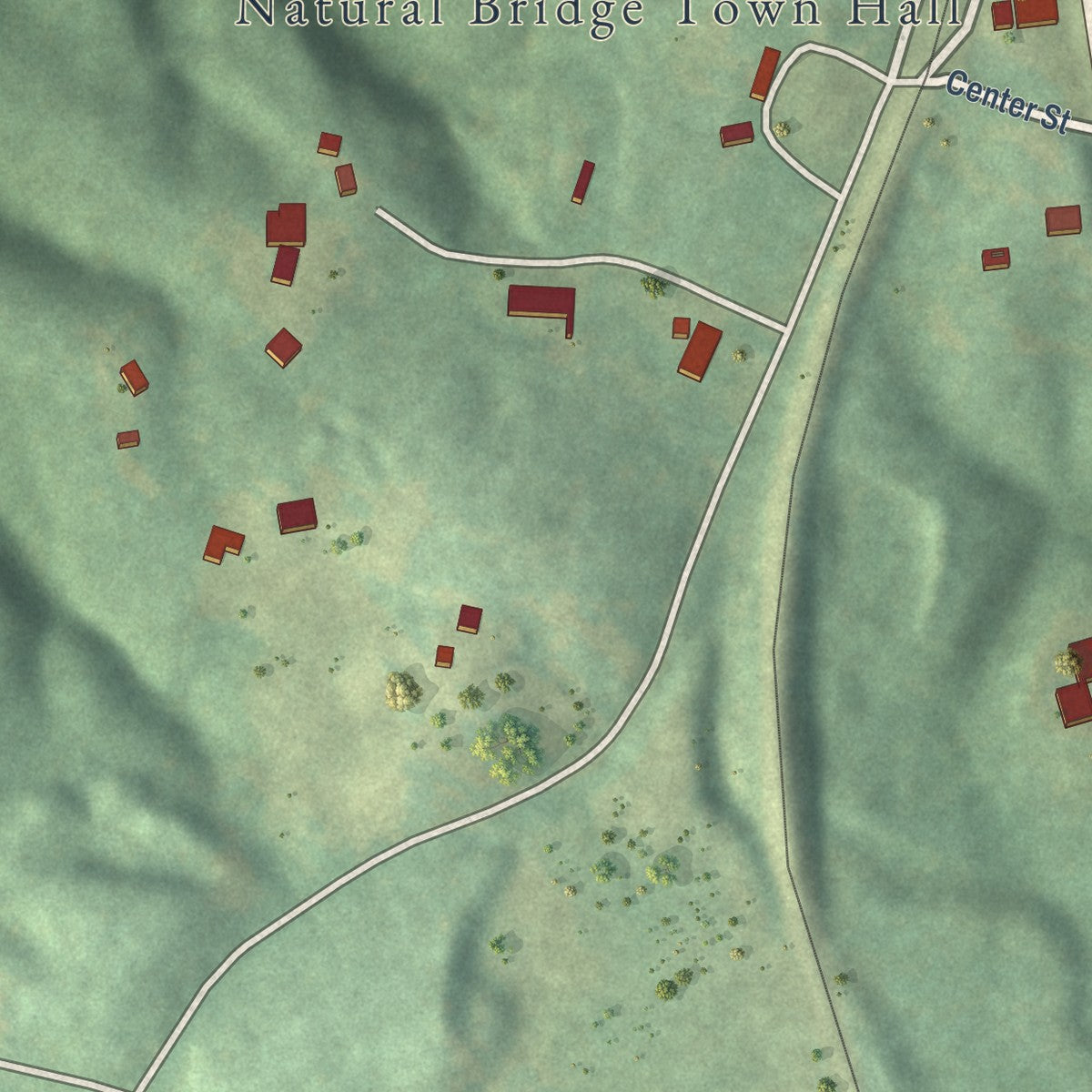 Second close-up of the map of Natural Bridge, Alabama print showing more streets and buildings