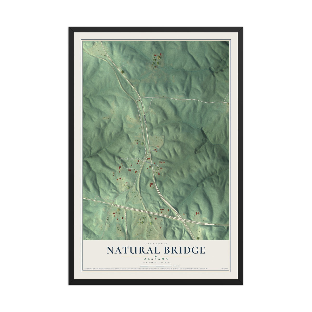 Map of Natural Bridge, Alabama, 12 x 18 inch print in a black wood frame