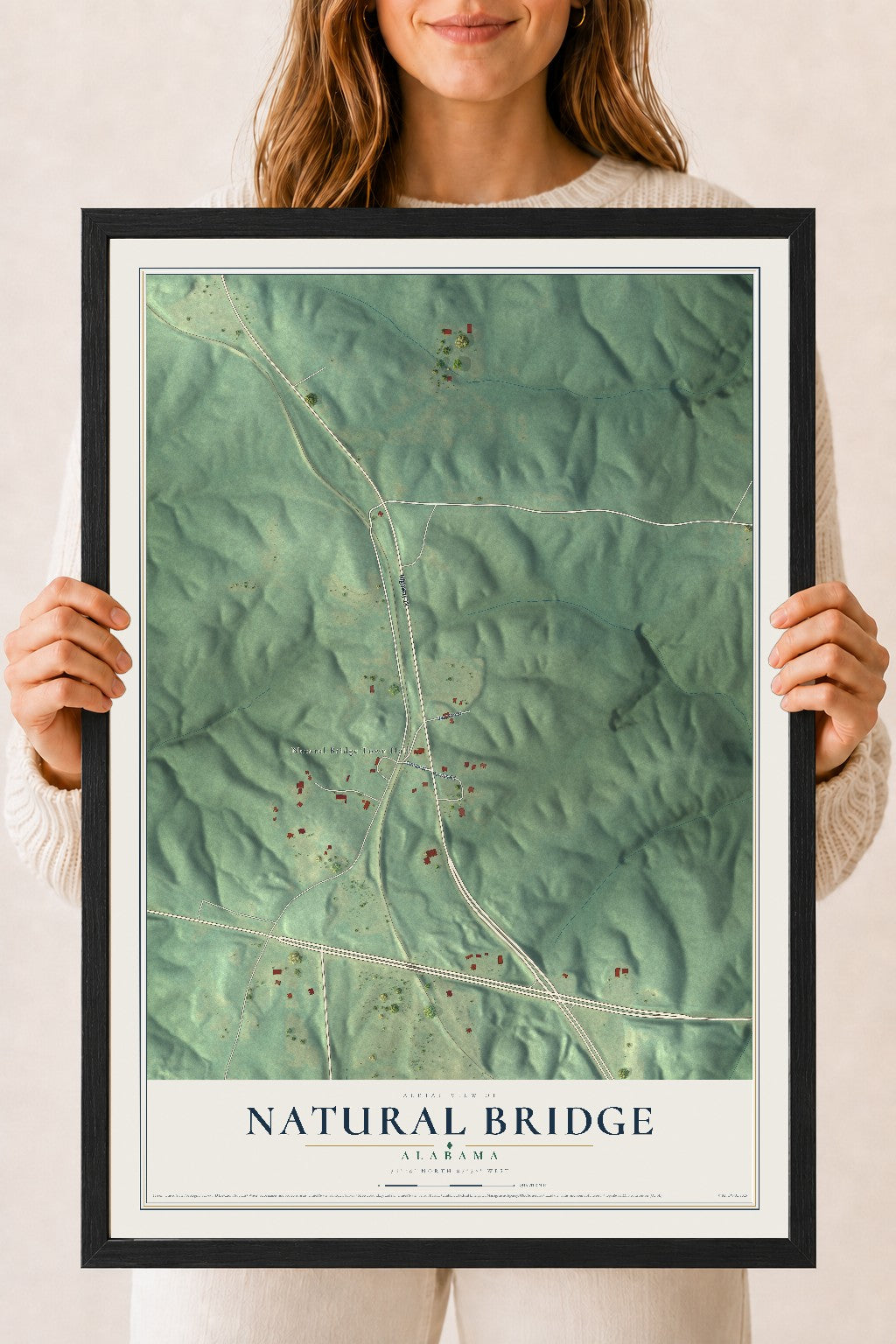 Map of Natural Bridge, Alabama, 18 x 24 inch print in a black wood frame