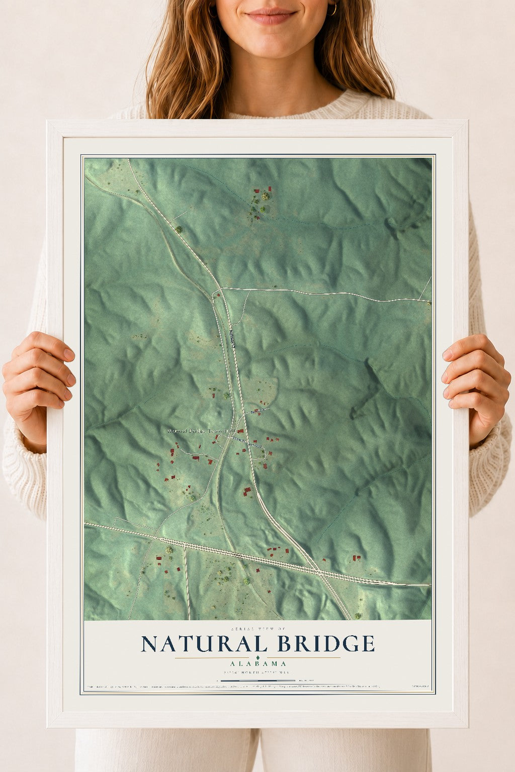 Map of Natural Bridge, Alabama, 18 x 24 inch print in a white wood frame