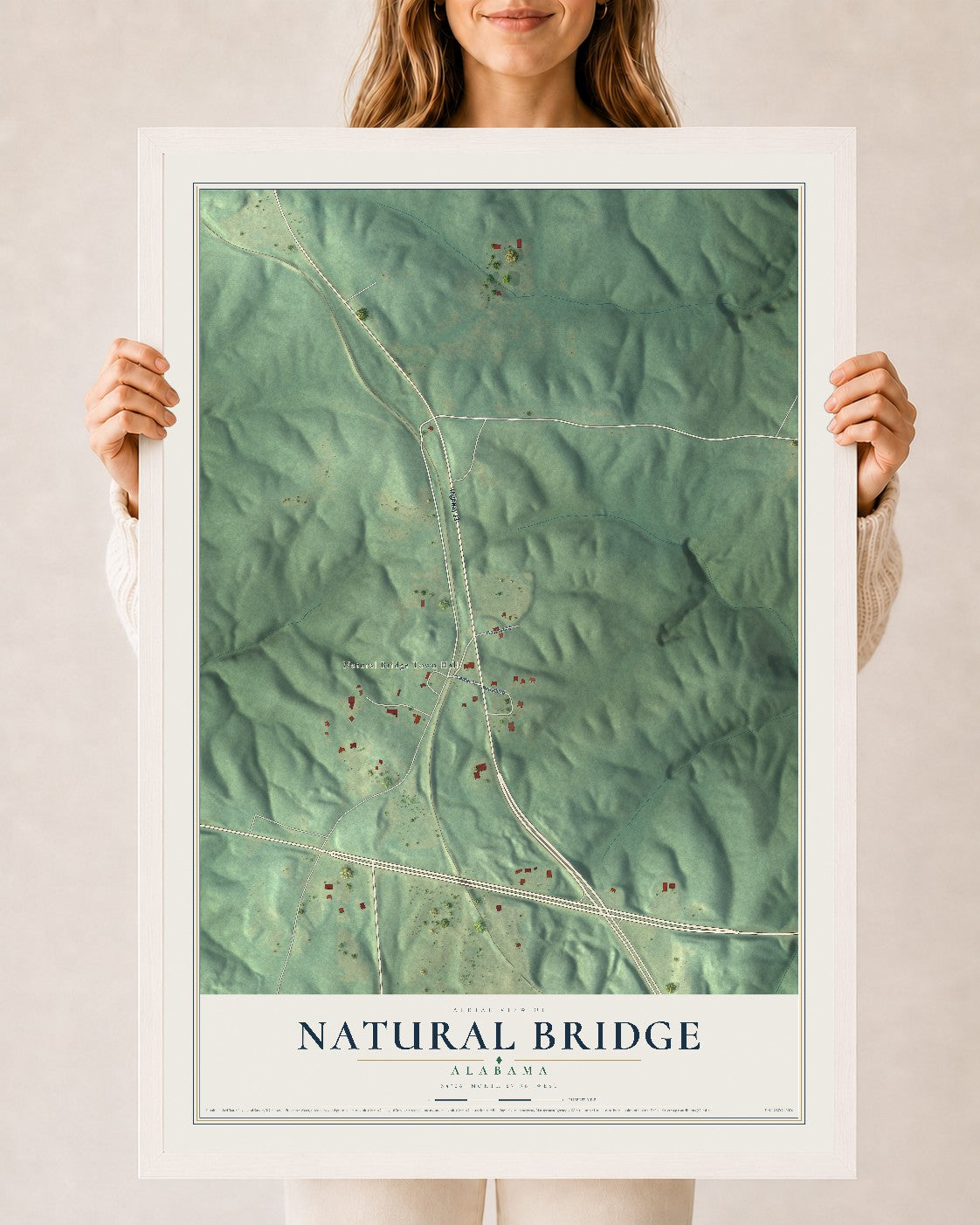 Map of Natural Bridge, Alabama, 24 x 36 inch print in a white wood frame