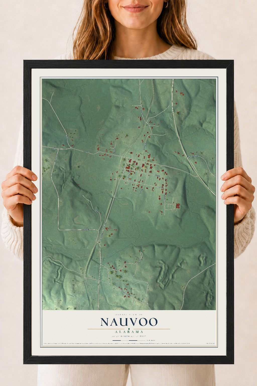 Map of Nauvoo, Alabama, 18 x 24 inch print in a black wood frame